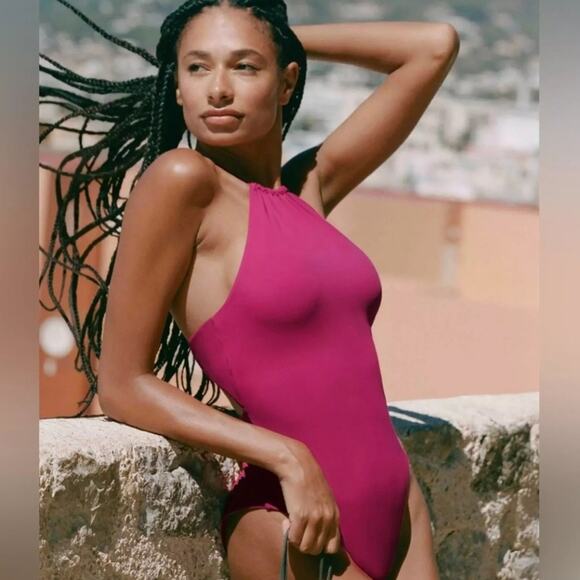 Andie NEW Pink Criss Cross Back High Neck Solid The Saidia One Piece Magenta XL - Picture 2 of 9